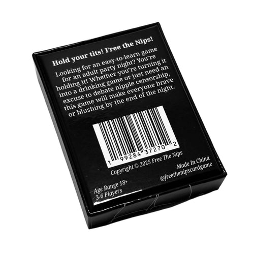 Black card game box with white text on a light gray background