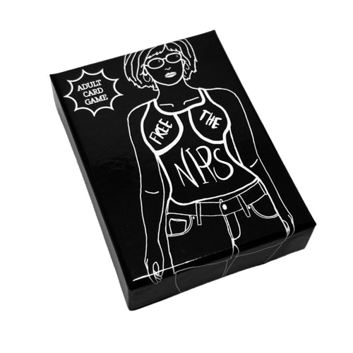 Card game box with a graphic design of a person wearing a tank top with text on a black background.